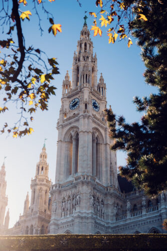 Tour principale de l'Hôtel de Ville de Vienne encadrée par des feuilles d'automne et des arbres dans le Rathauspark.