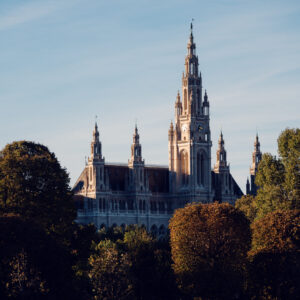 Vienna City Hall (Rathaus), its soaring neo-Gothic towers and ornate facade featuring statues and pointed arches, a symbol of 19th-century Viennese architecture.