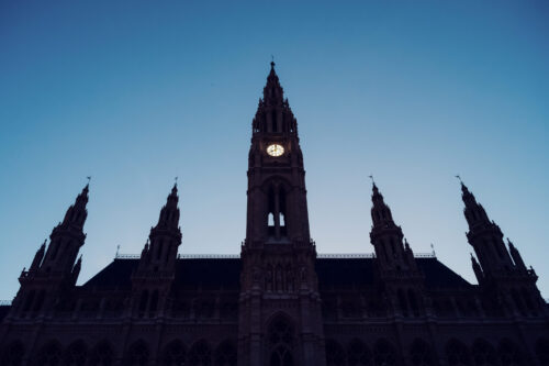 Vienna City Hall (Rathaus) with its neo-Gothic facade and central spire reaching 98 meters high.
