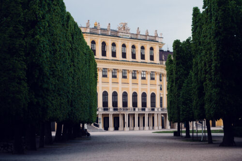 Viale alberato nel parco di Schönbrunn con vista sul palazzo.