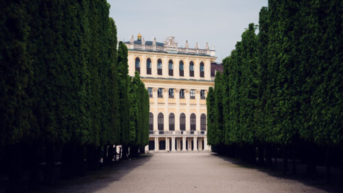 Schönbrunn Palace side view through tree-lined green pathway with mature foliage framing yellow baroque palace facade.