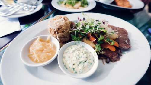 Boiled beef dish with apple horseradish and chive sauce served at Palmenhaus.