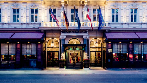 The entrance to Hotel Sacher, a symbol of luxury and tradition in Vienna.