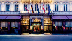 The entrance to Hotel Sacher, a symbol of luxury and tradition in Vienna.
