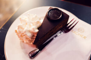 Original Sacher Torte served at Café Sacher Bel Étage, a Viennese classic.