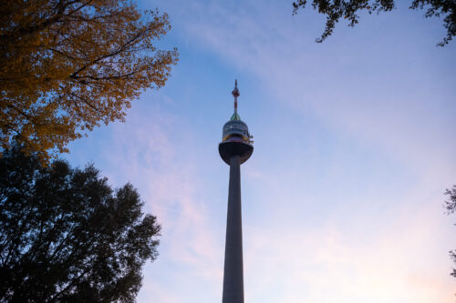 Donauturm seen from a path in Donaupark with the Danube skyline behind it.