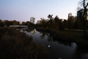 Panoramic view of Vienna's rooftops and landmarks from Donaupark.