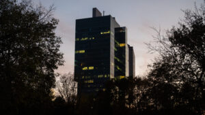 Vienna skyline with the Danube and modern high-rises seen from Donaupark.