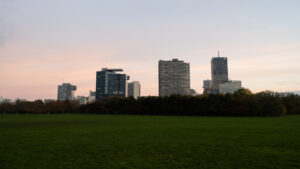 Vienna cityscape with parks and buildings seen from Donaupark.