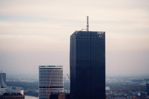 Donauturm Vienna panoramic view DC Tower and Donau City business district.
