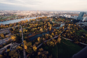 Donaupark Vienna panoramic view from Donauturm observation deck.
