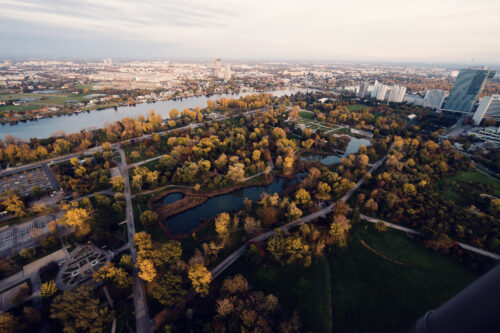 Donaupark Vienna panoramic view from Donauturm observation deck.