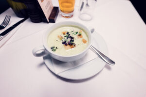 Seasonal soup served at Figlmüller Bäckerstrasse with traditional Austrian flavors.
