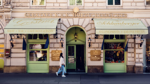 Elegant entrance of Gerstner K. u. K. Hofzuckerbäcker in Vienna.