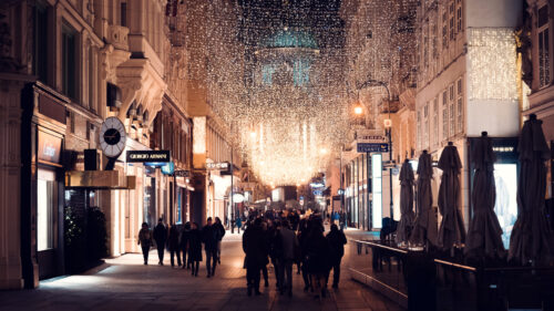 Kohlmarkt street in Vienna adorned with festive Christmas decorations, creating a magical winter wonderland.