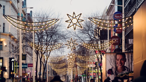 Mariahilfer Strasse Vienna Christmas lights display with festive illuminations holiday street decorations and seasonal shopping.