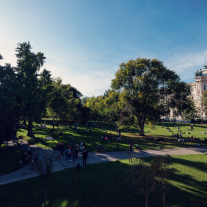 Sonniger Nachmittag im Burggarten mit Besuchern auf der Wiese nahe der Hofburg.
