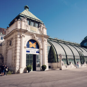 Entrance to the Schmetterlinghaus in Burggarten with the Art Nouveau glass roof of the Palmenhaus behind it.