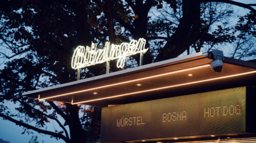 Bustling Bitzinger Würstelstand in Prater, a beloved spot for authentic Viennese street food.