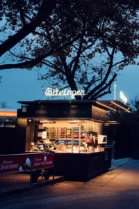 Modern design of Bitzinger Würstelstand Prater, offering a contemporary take on traditional Viennese fast food culture.