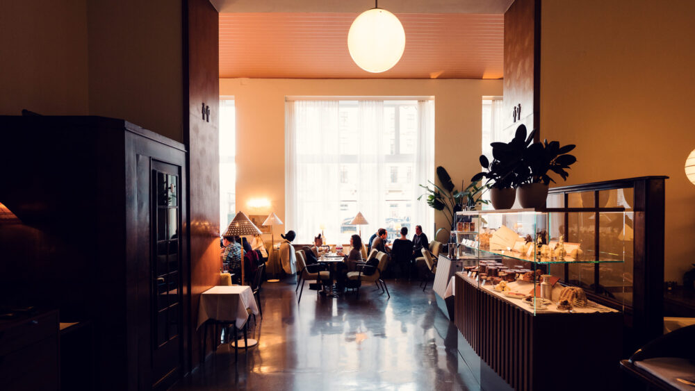 Traditional cake display at Café Prückel.