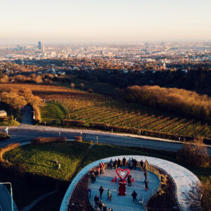 Vista panoramica di Vienna dal Cobenzl, con il paesaggio urbano che si estende fino all'orizzonte.