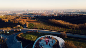 Panoramic view of Vienna from Cobenzl, showcasing the city's sprawling urban landscape.