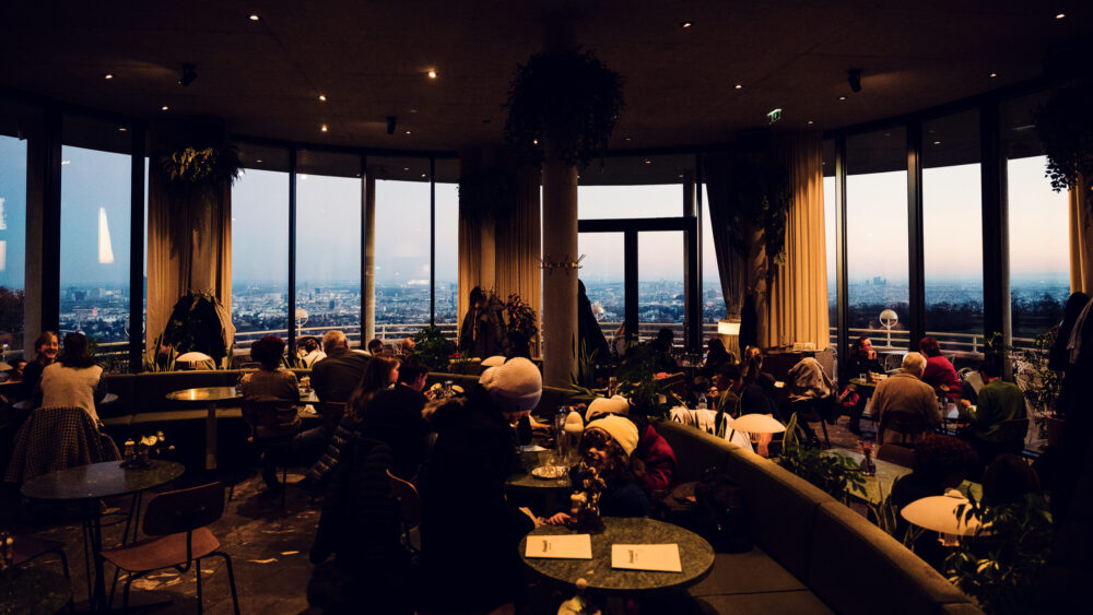 Golden sunset view from Rondell Café's interior.