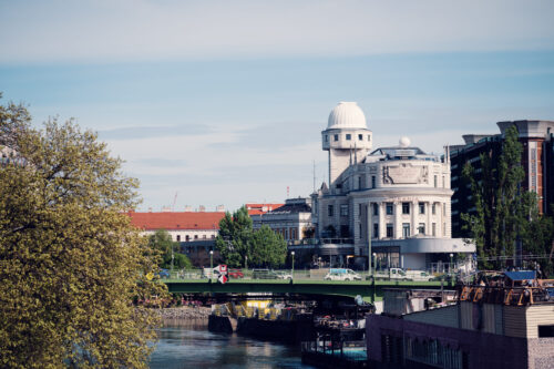 Close-up of the Urania observatory under soft daylight.