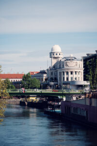 Panoramic view of Urania from the Danube Canal.