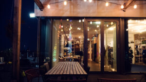 Rooftop terrace at ZOKU Vienna with panoramic city views.