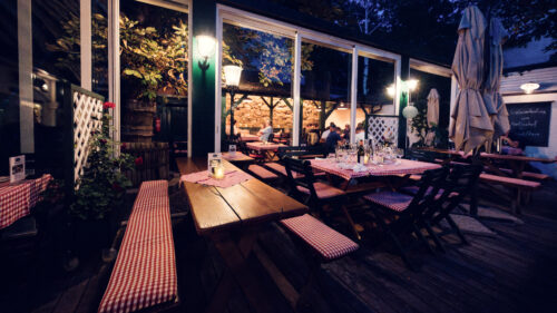Traditional wooden benches.