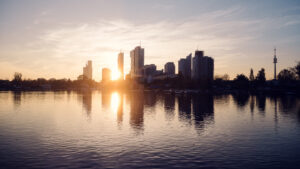 Sunset panorama of Vienna skyline from Alte Donau.
