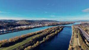 Green riverbank and nature area along the Donauinsel in Vienna.