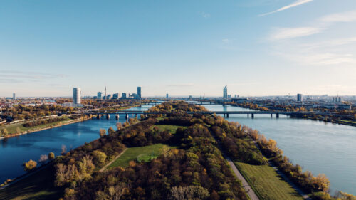 Aerial view of the Donauinsel and the Danube River in Vienna.