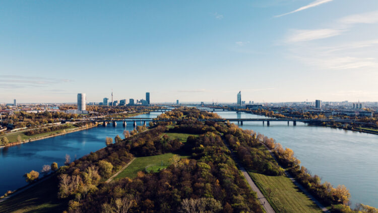 Aerial view of the Donauinsel and the Danube River in Vienna.