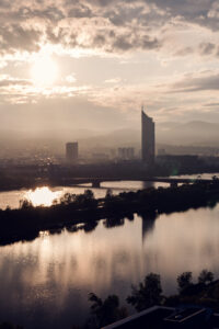 Warm sunset light over the Danube seen from the Donauinsel.