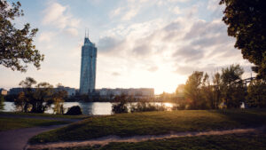 Vienna Millennium Tower sunset view from Donauinsel.