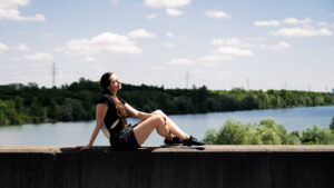 Adriana resting after cycling on Donauinsel Vienna.