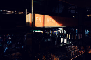 Contemporary bar area at NENI with crafted cocktails and Middle Eastern spirits.