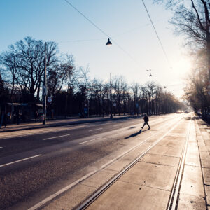 Luftaufnahme der Wiener Ringstraße, des 5,3 Kilometer langen kreisförmigen Prachtboulevards mit von Bäumen gesäumten Wegen, historischen Straßenbahnen und monumentalen Gebäuden in verschiedenen architektonischen Stilen.