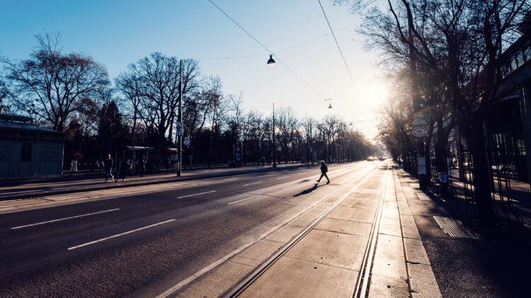 Aerial view of Vienna's Ringstrasse, the 5.3-kilometer circular grand boulevard with tree-lined paths, historic trams, and monumental buildings in various architectural styles.