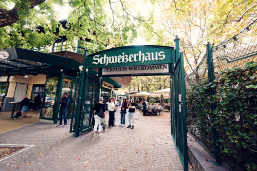 Historic entrance to Schweizerhaus with its traditional Austrian architecture.