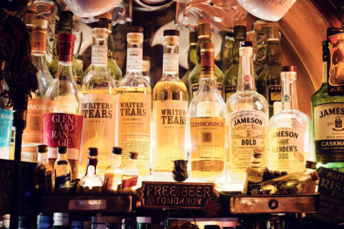 Premium whiskey collection at Bockshorn's bar.