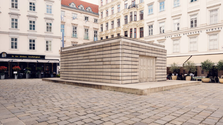 Wide-angle view of Judenplatz (Jewish Square) Vienna showing spatial relationship between monuments and historic buildings