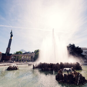 Vienna's Hochstrahlbrunnen fountain at Schwarzenbergplatz with its tall water display.