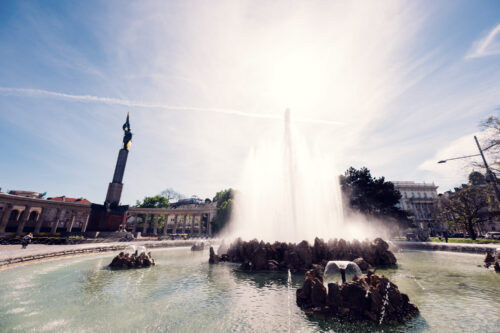 Vienna's Hochstrahlbrunnen fountain at Schwarzenbergplatz with its tall water display.