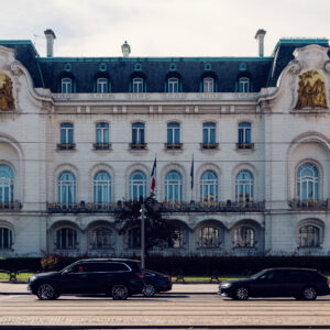 French Embassy in Vienna at the historic Palais Clam-Gallas on Schwarzenbergplatz, a neoclassical building from the 19th century with a French flag on its facade.