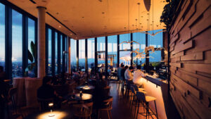 Interior de la Aurora Rooftop Bar de Viena, diseño de lounge moderno con mobiliario contemporáneo.