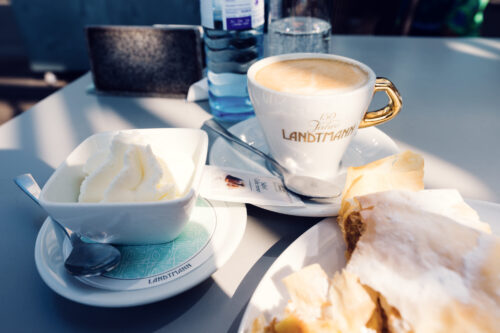 Traditional Viennese coffee service at Café Landtmann with Wiener Melange in porcelain cup, glass of water, and fresh-baked apple strudel with powdered sugar and whipped cream.